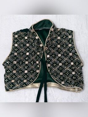 Girls Indian Choli Blouse Velvet Green Gold Embroidered Size 20 22” Chest Kids
